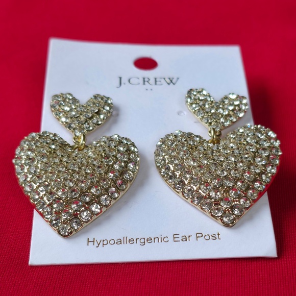 J.Crew Crystal Heart Drop Earrings Gold Tone Rhinestone Hypoallergenic NEW - Picture 3 of 9